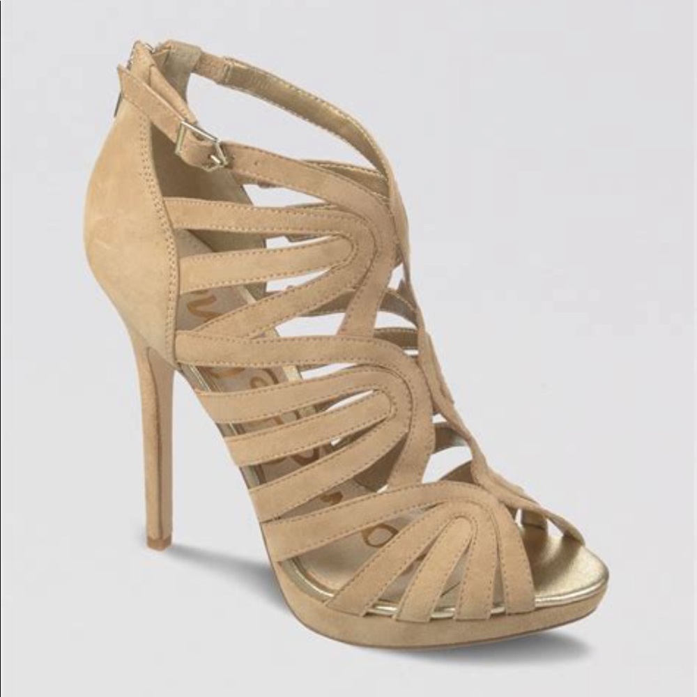 Sam Edelman Eve Cutout Peep Toe Tan Suede Platform Cage Pumps 7.5 Y2K Cocktail - Picture 16 of 16